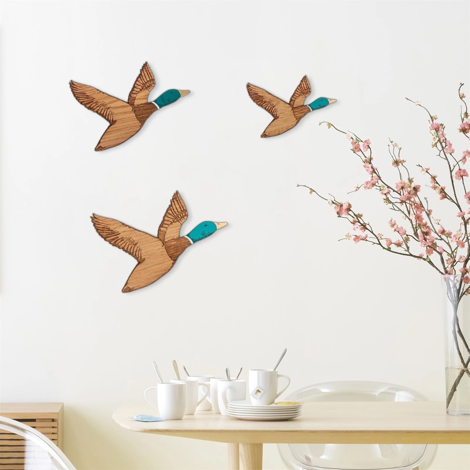 3pcs flying ducks wood wall decor flat wooden art 1950s retro home decoration self-adhesive crafts living room