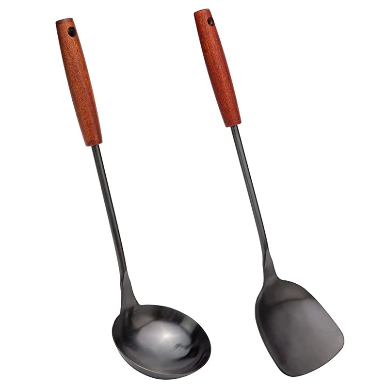 Stainless steel solid turner soup spoon wok spatula ladle with wooden handle - cooking utensils