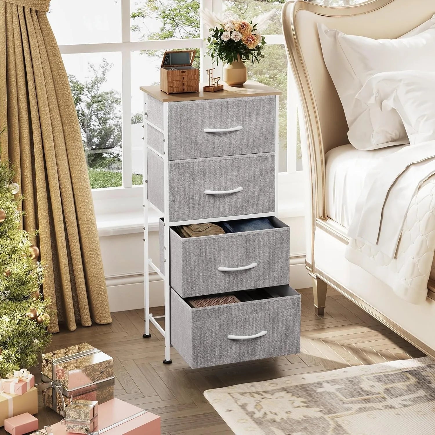 4 drawers dresser for bedroom light grey fabric clothes storage organizer unit hallway entryway wood top - gray