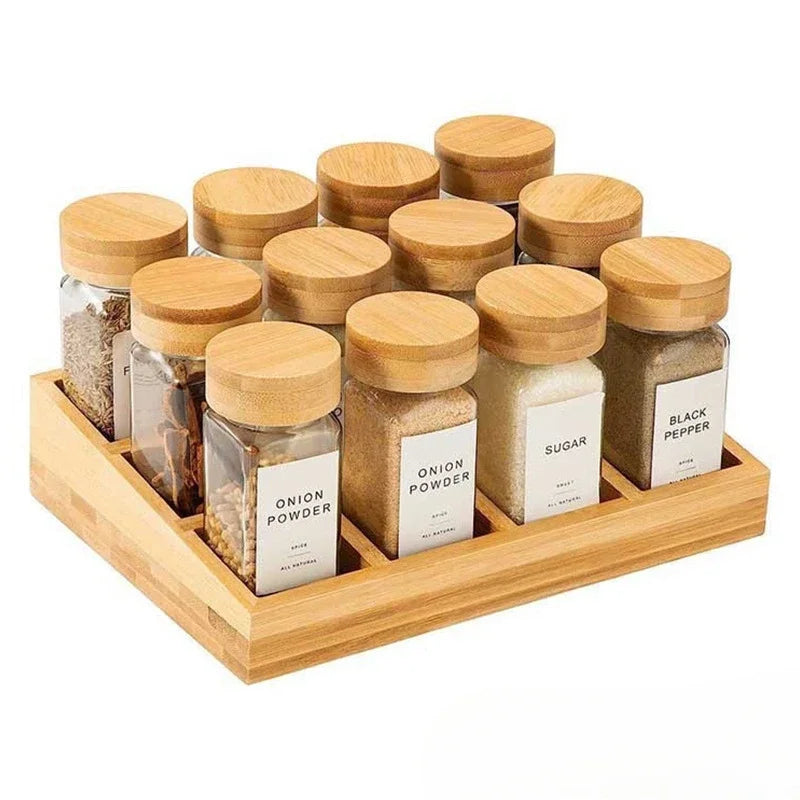 Glass spice jars w/ bamboo lids + wood tray storage containers flour jar kitchen canisters - wood tray