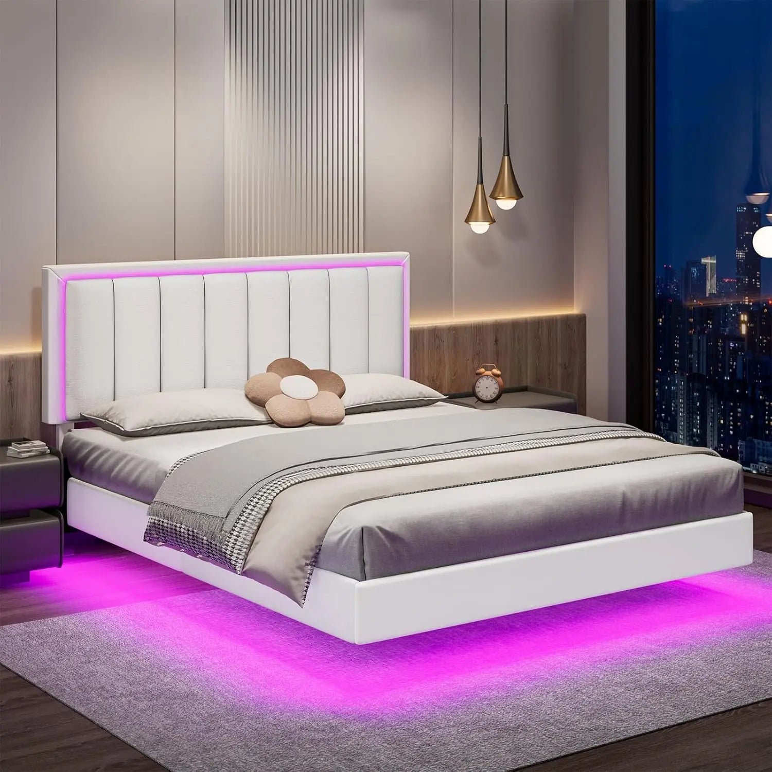 Floating bed frame full with led lights upholstered headboard solid wood slats support - white-full / united states