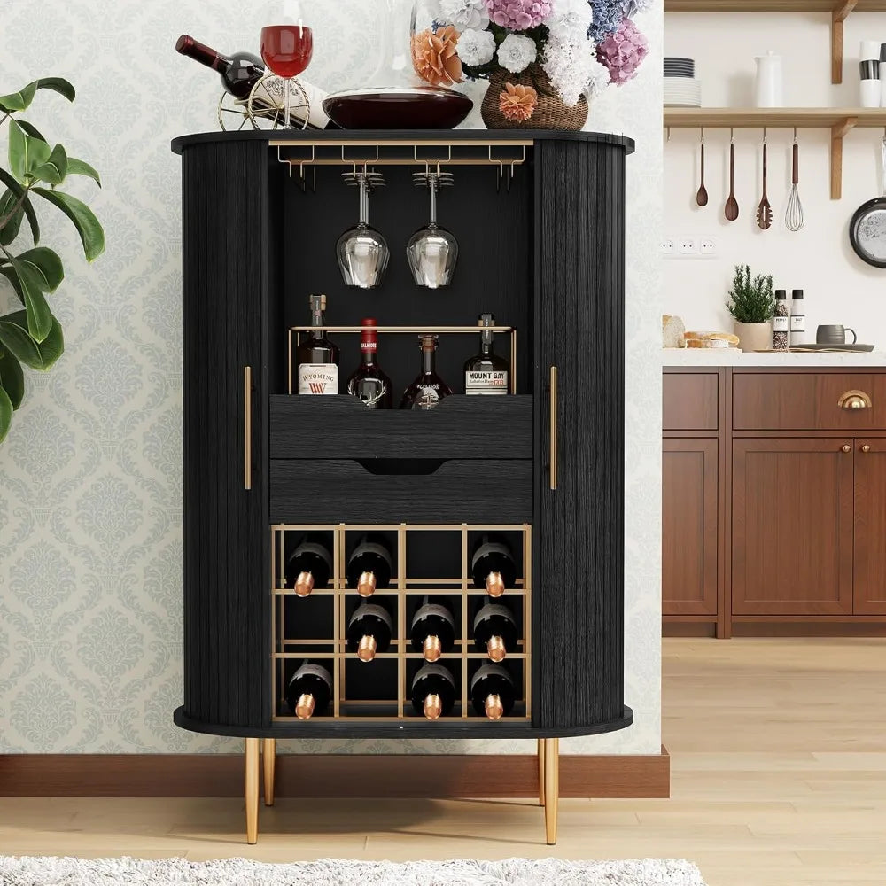Wooden wine bar cabinet with tambour door 16-bottle rack glass stemware holder coffee station liquor storage - black
