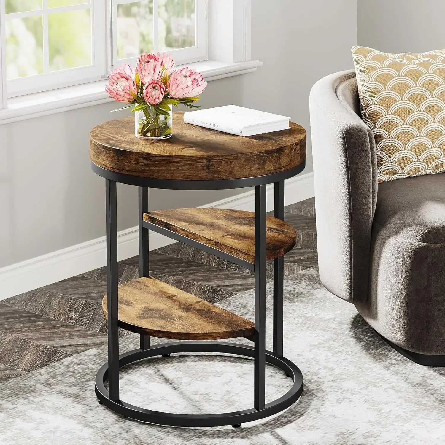 Round end table small with 3 storage shelves wood side for spaces industrial sofa living - united states