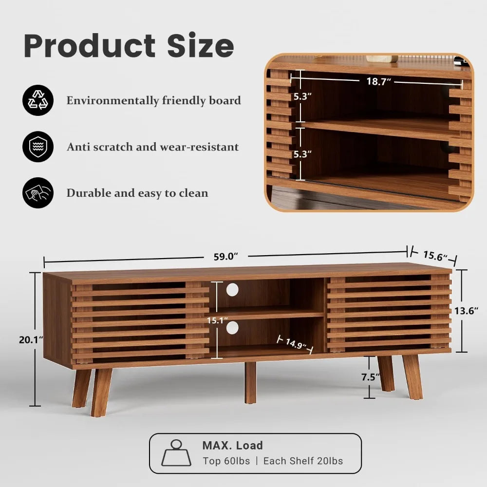 Mid-century modern tv stand for 55-65 inch tvs entertainment center with sliding doors and storage shelves media consol