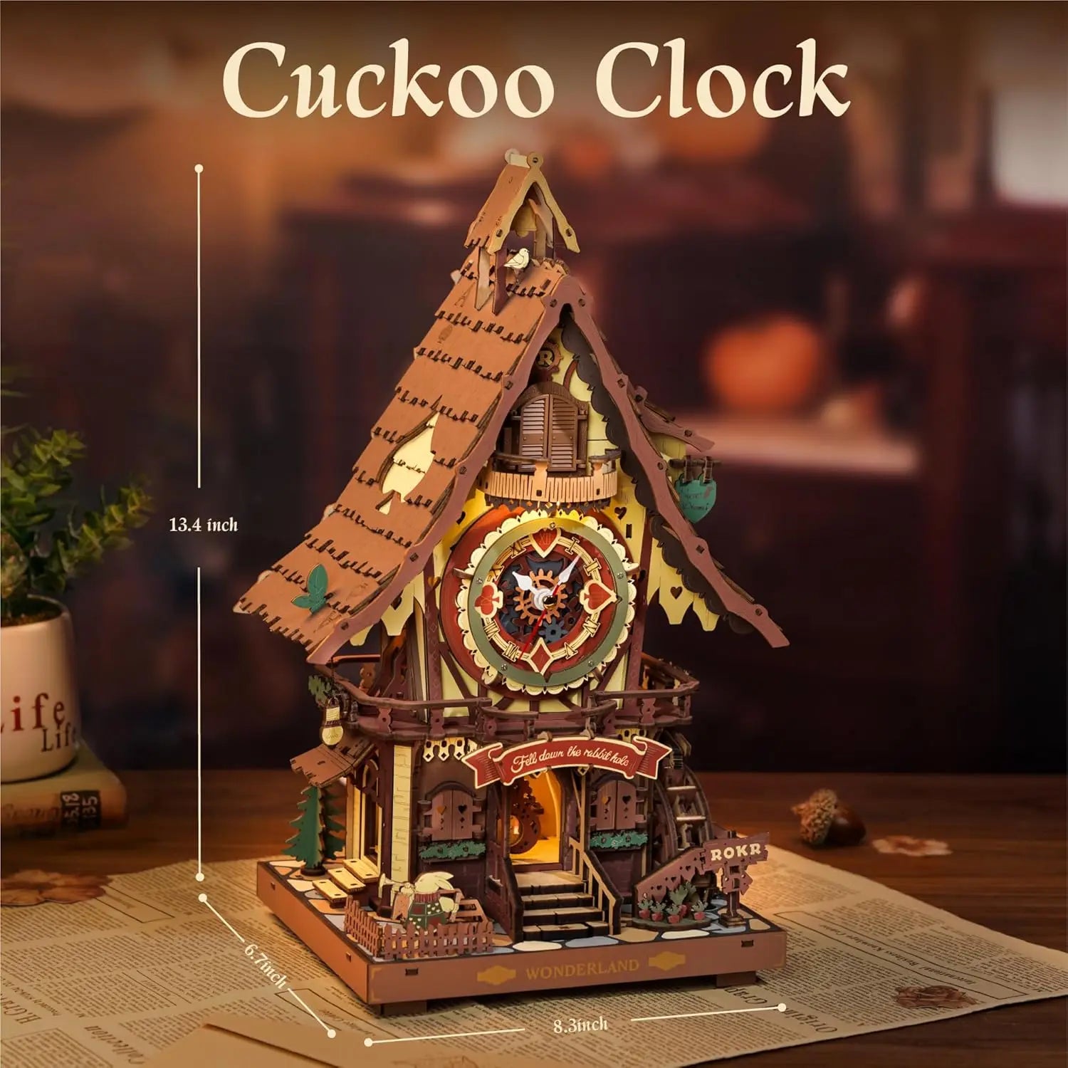 Robotime rokr 3d wooden puzzle cuckoo clock kit black forest style with working bird diy model for kids adults