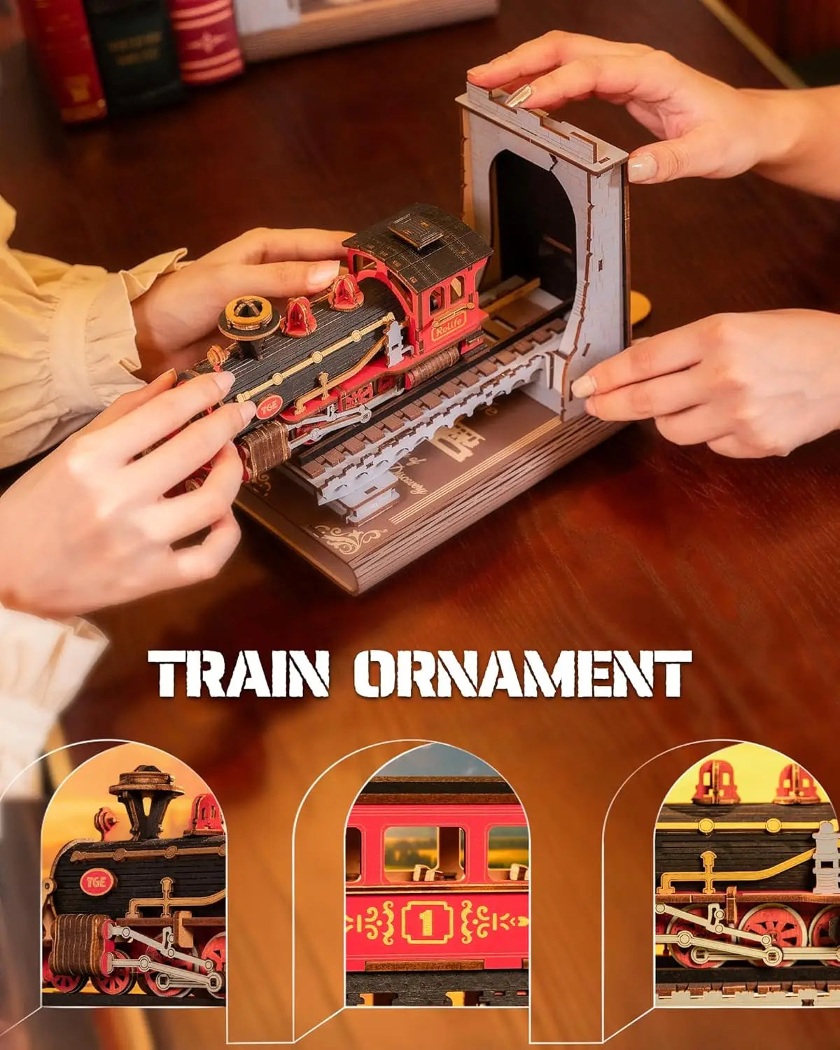 Robotime rolife wooden vintage train kit 3d puzzles diy book nook kit decorative bookends 6.5’’ for adults gifts boys