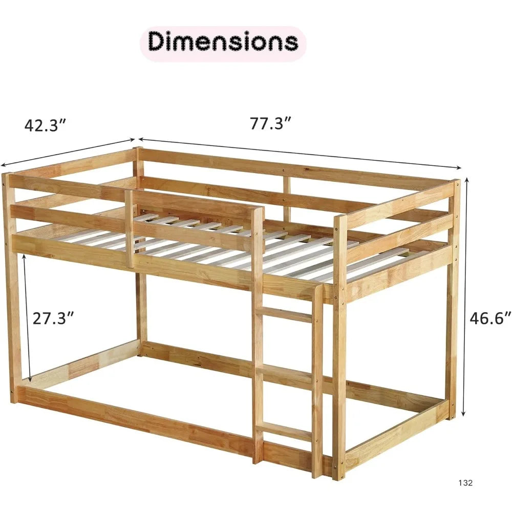 Low bunk beds twin over floor bed frame junior loft for kids boys girls teens natural