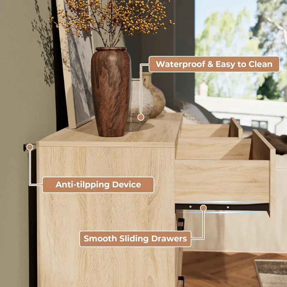 Mid-century modern 6-drawer wood bedroom dresser with metal handles - united states / light oak