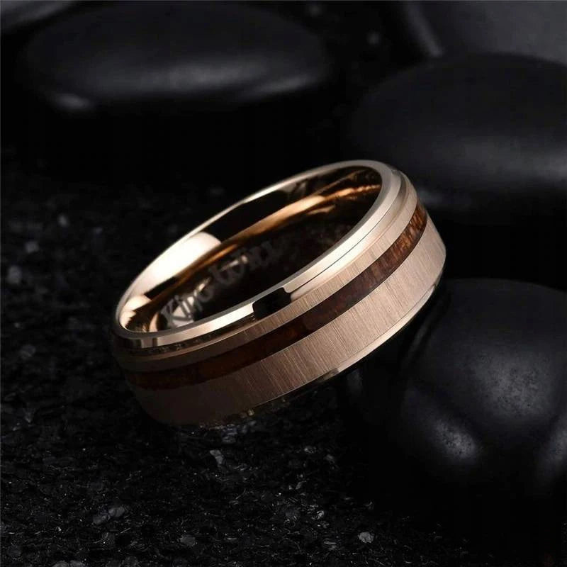 Fashion 8mm men stainless steel ring rose gold color brushed wood inlay rings for women wedding band jewelry birthday