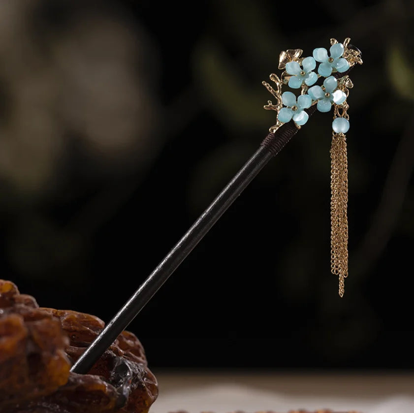 Wood tassel step shaking hairpin chopstick hair stick ancient ornament pan headdress flower styling accessories gifts