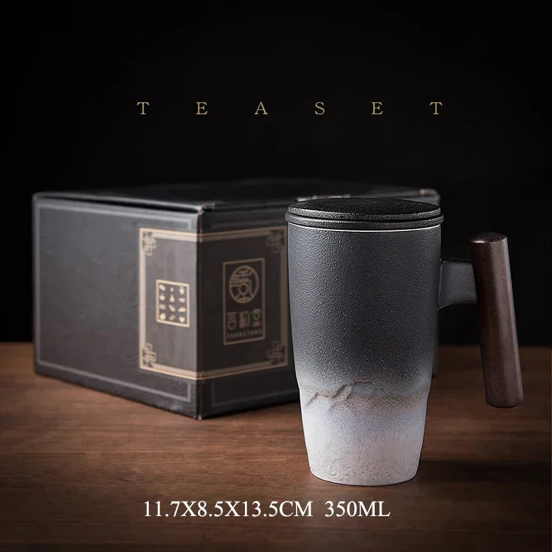 Ceramic mugs retro tea cup luxury large capacity with cover wooden handle office thermal mug personalized gifts home