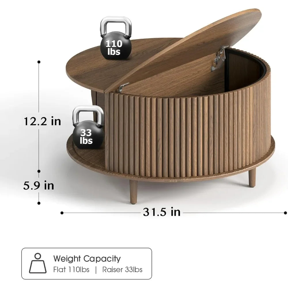 Round coffee table with storage,mid century modern sliding cabinet door,wood for living room