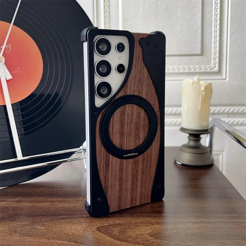 For samsung galaxy s23 s22 s24 s25 ultra walnut wood metal borderless armor case 360° rotating magnetic bracket