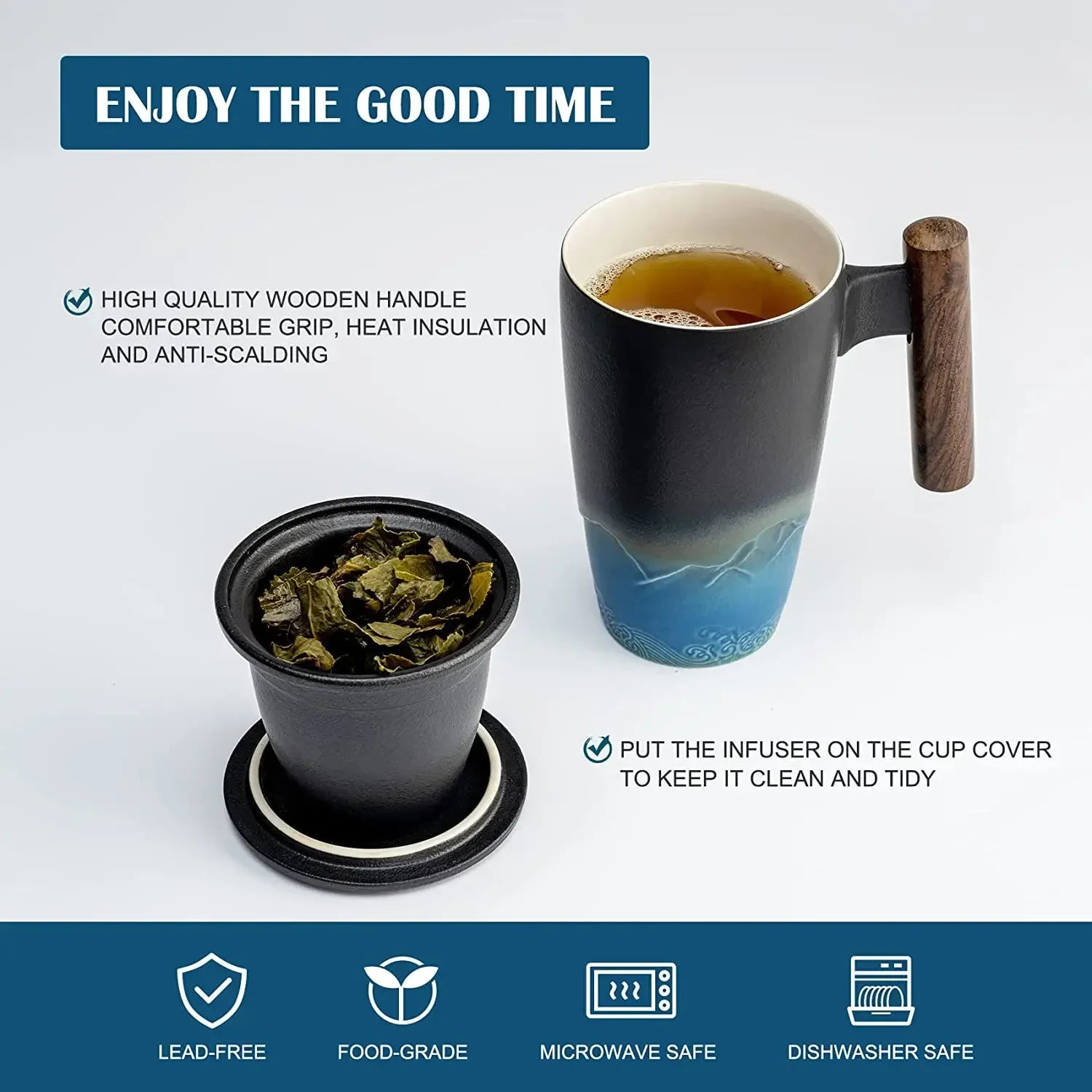 Ceramic tea cup vintage luxury thermal mug with infuser lid coffee mugs beer drinkware wooden handle 400ml personalized