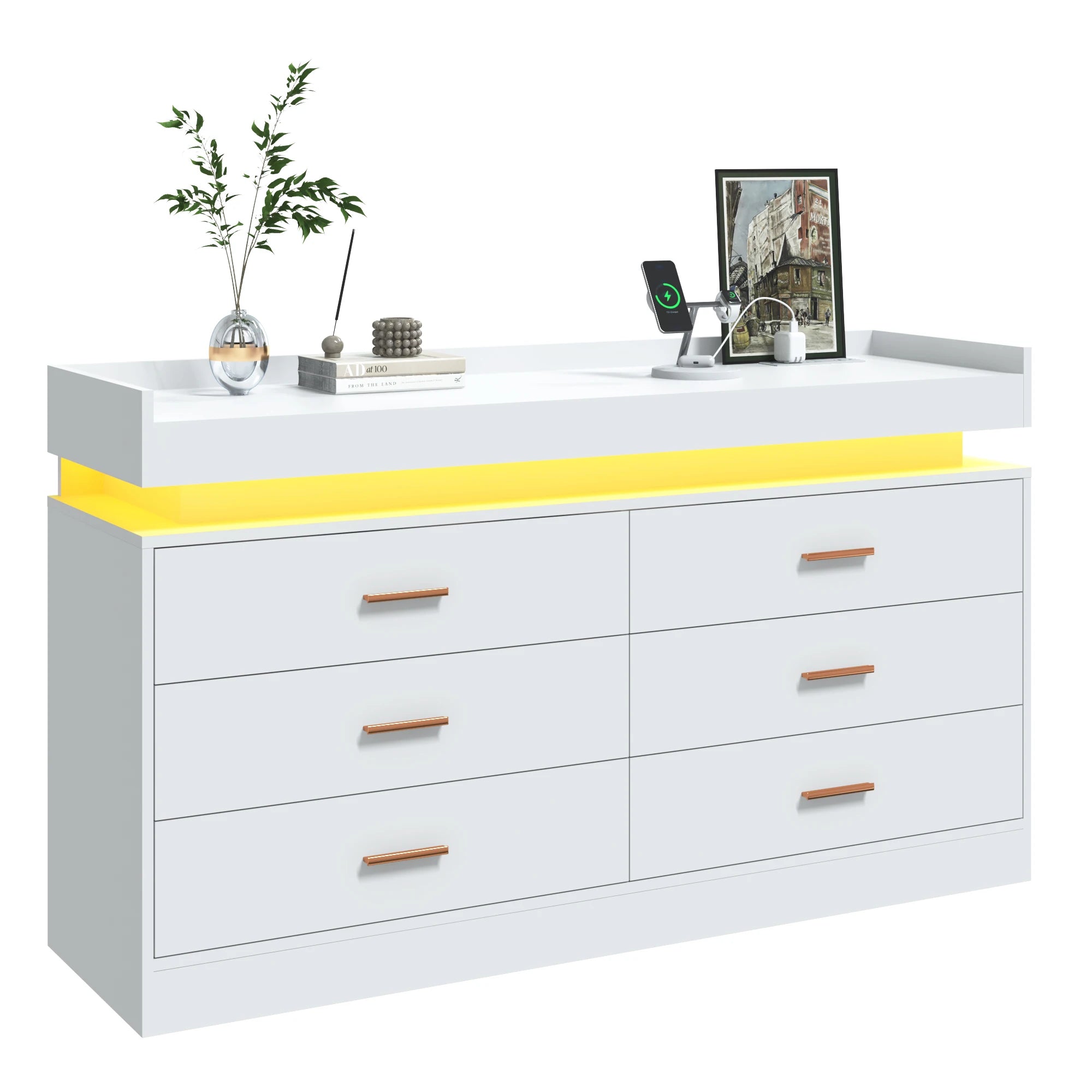 6 drawer dresser 46’’ modern chest of drawers for closet with led light wide organizer cabinet bedroom white/black