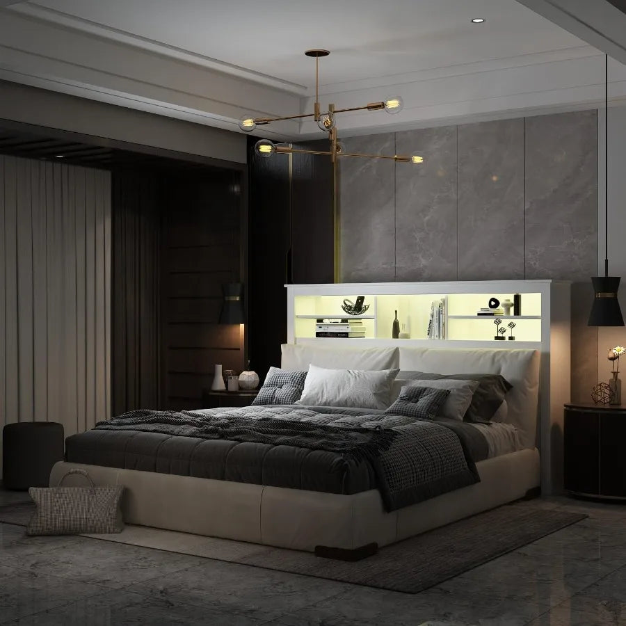 Full queen size headboard with adjustable light wood modern 5 storage shelves bluetooth remote usb port for bedr