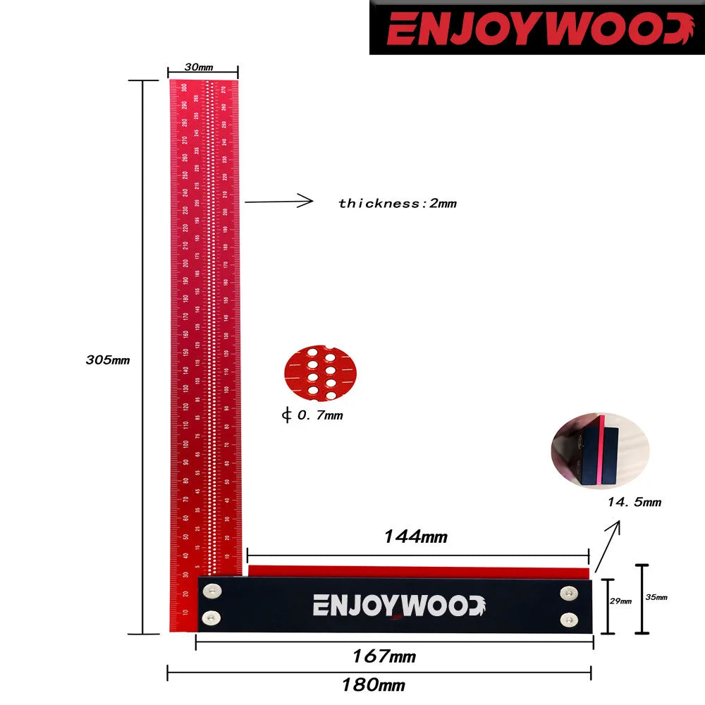 Enjoywood aluminum alloy t speed measurements ruler 300mm/12 inch l-shaped hole woodworking carpenters framing - 12inch