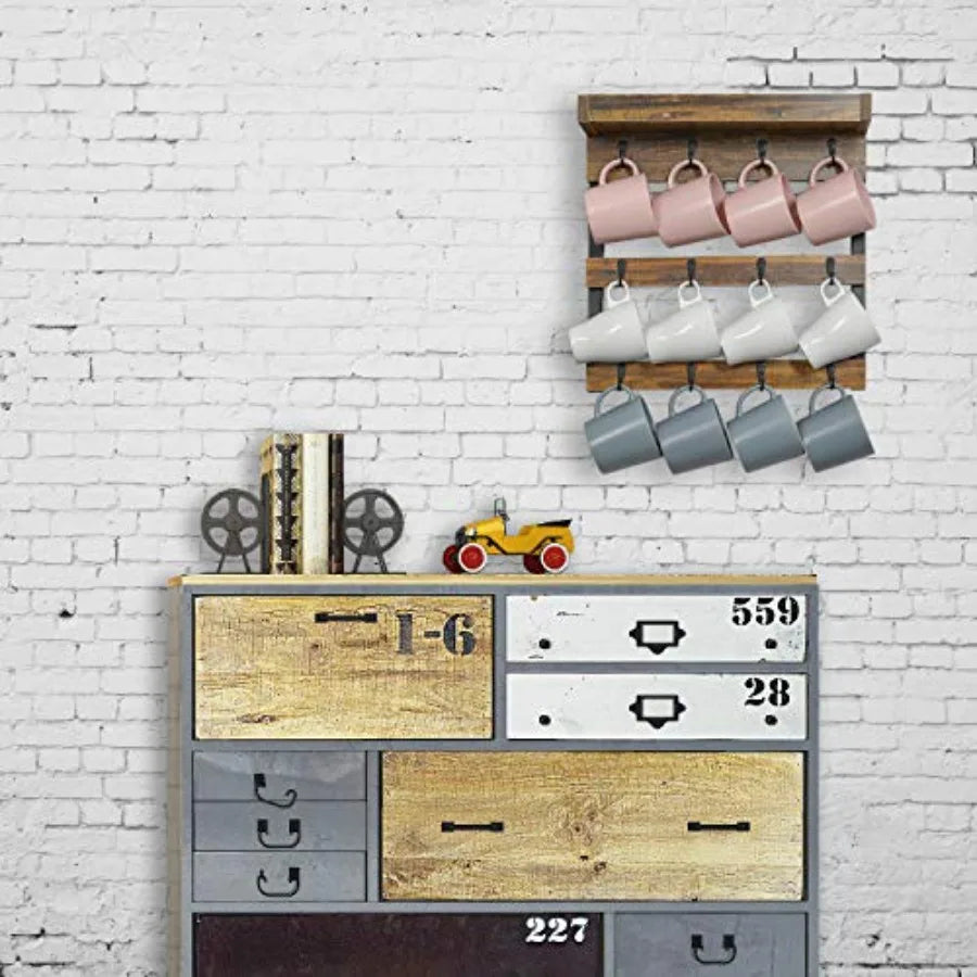 Coffee mug rack wall mounted rustic wood cups with 12 hooks and storage shelf for home kitchen display collection rust