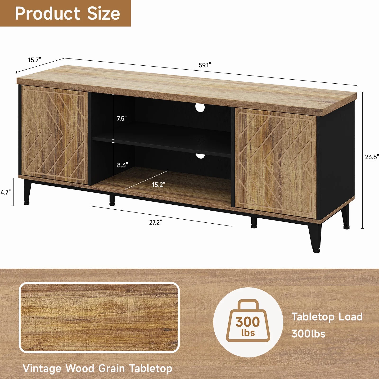 65 inch tv stand living room console mid century modern entertainment media center with storage and led lights - united