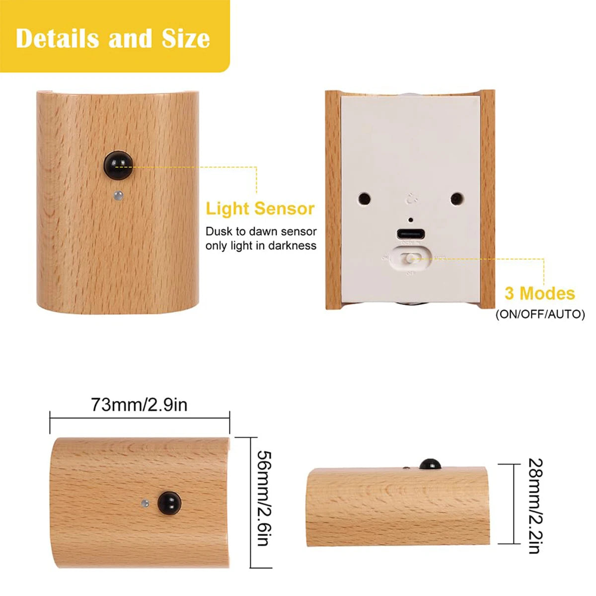 Intelligent induction wall lamp 0.4w infrared night light with wooden led 2700k-3000k sensor rechargeable magnetic bulb