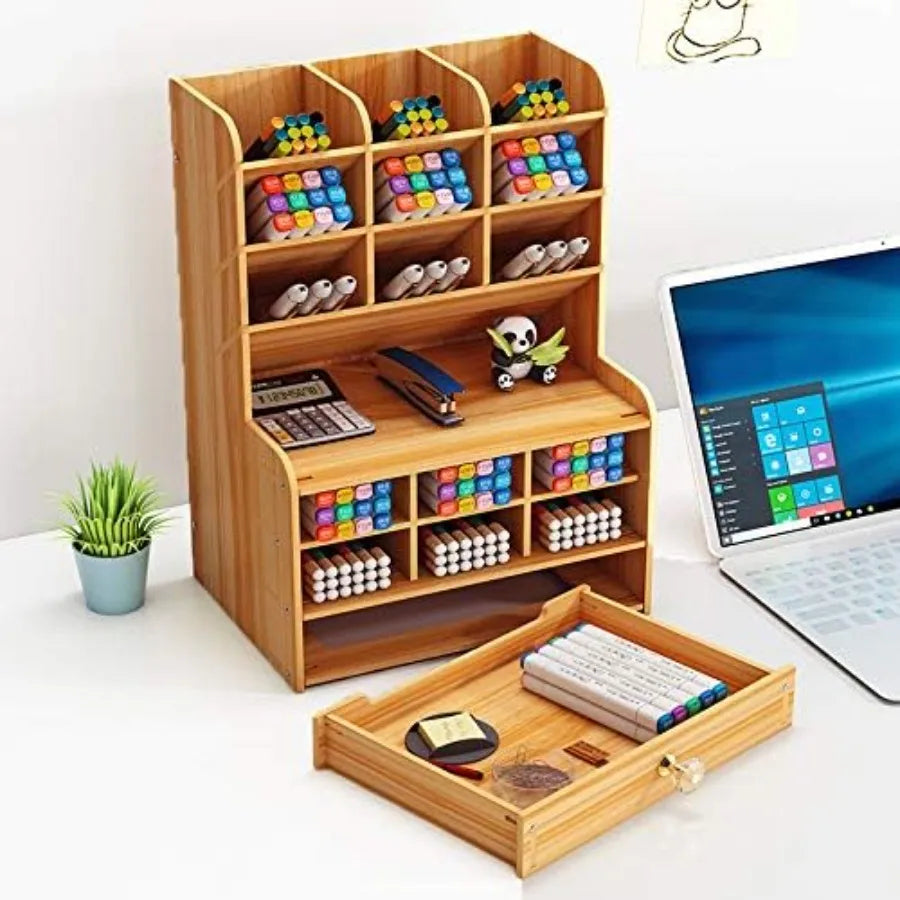 Wooden desk stationary organizer multi-functional pen holder storage rack for school home office art supplies