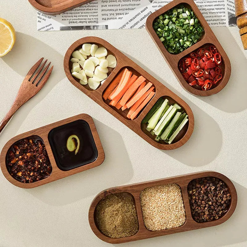 Solid wood rectangle tray 2/3 grid condiment plate breakfast food sushi bread dessert sauce kitchen dinner seasoning