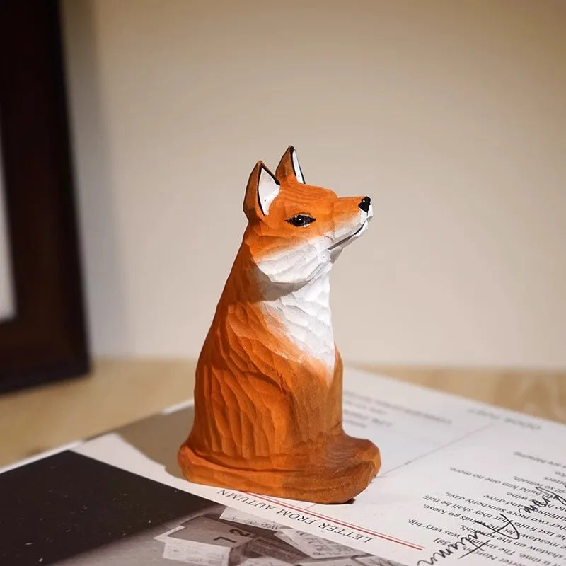 Handcrafted wood carving fox statue cute figurines desk ornament decorations accessories animal sculpture home decor