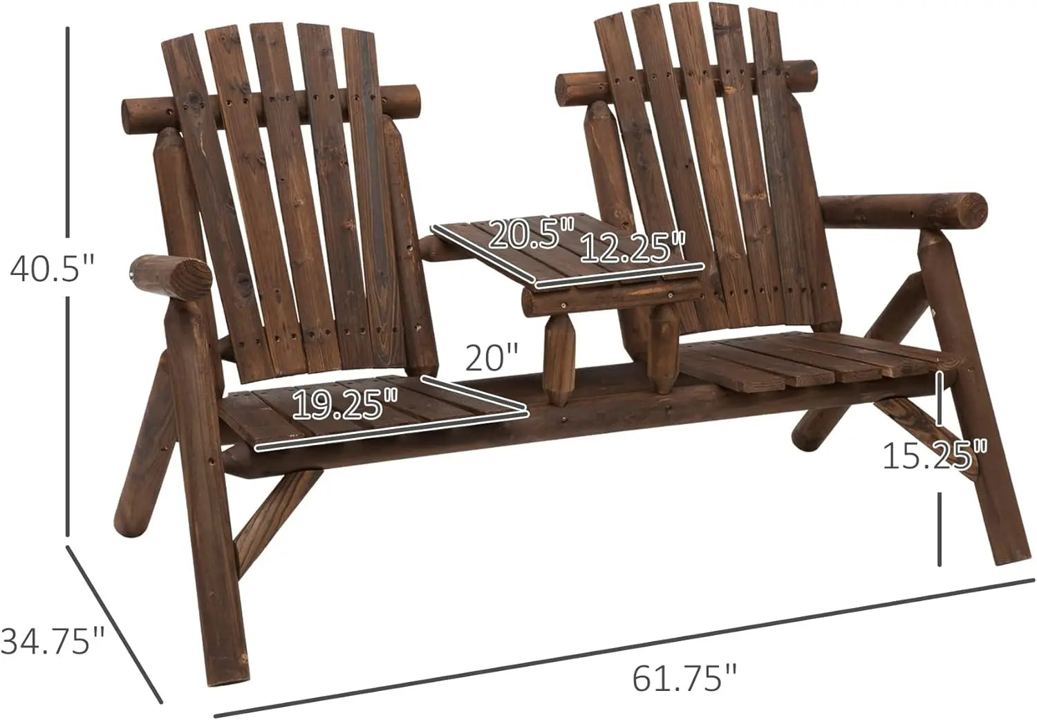2-seat wooden adirondack chair patio bench with table outdoor loveseat fire pit for porch backyard deck carbonized