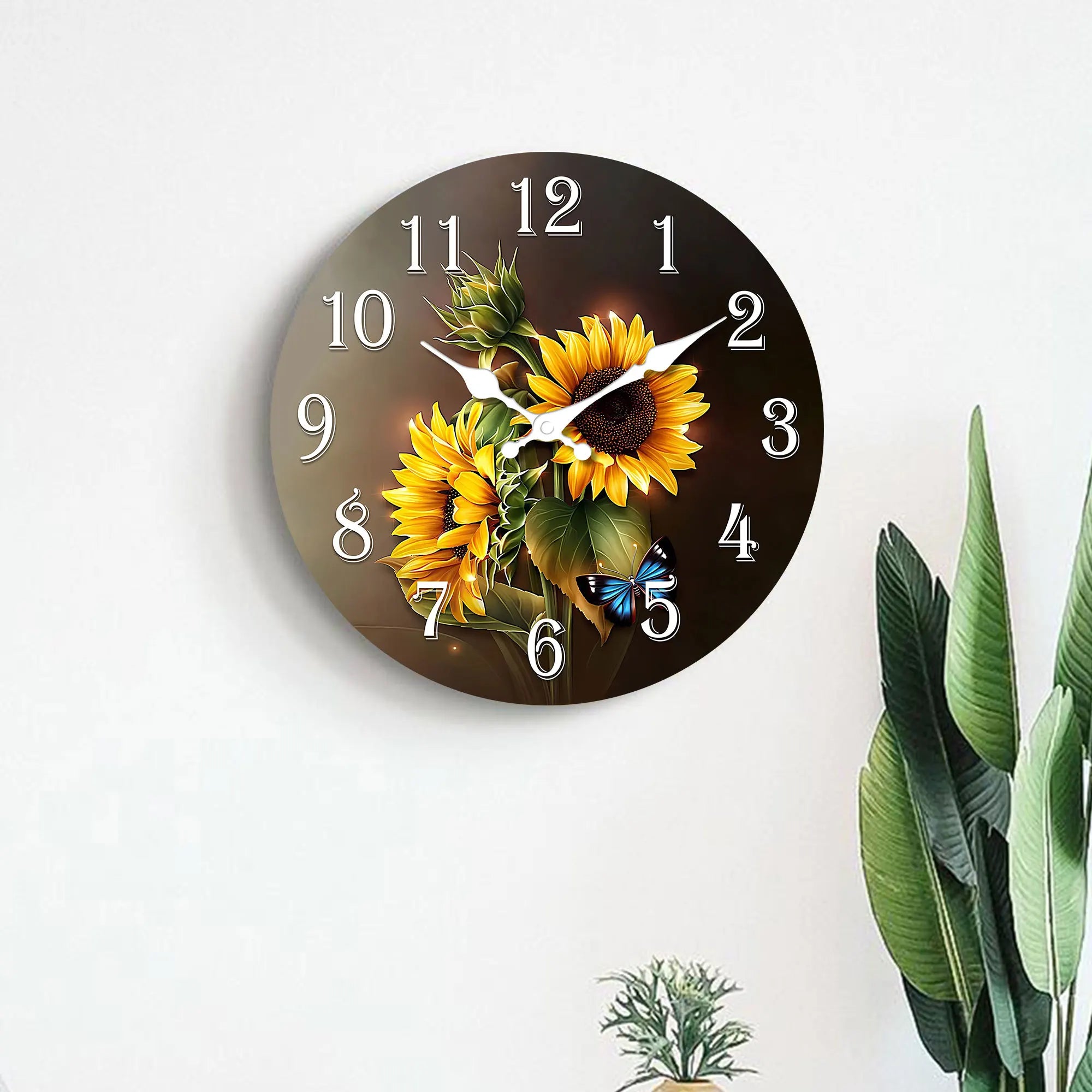 1pc wooden wall clock beautiful sunflower and blue butterfly design silent - suitable for living room bedroom