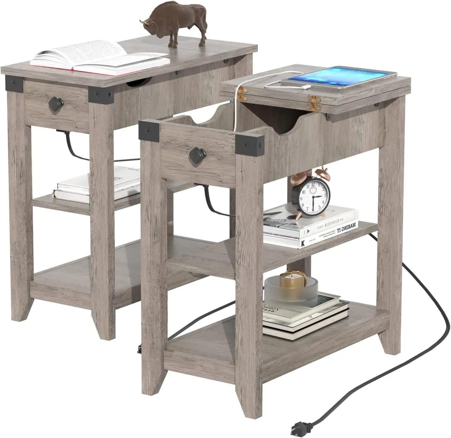 Vabches set of 2 end tables flip top side with charging station & open storage shelves wood coffee for living room