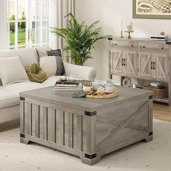 Farmhouse coffee table with storage 35.4’’ square center hinged lift top vintage wood cocktail thickened - ash gray