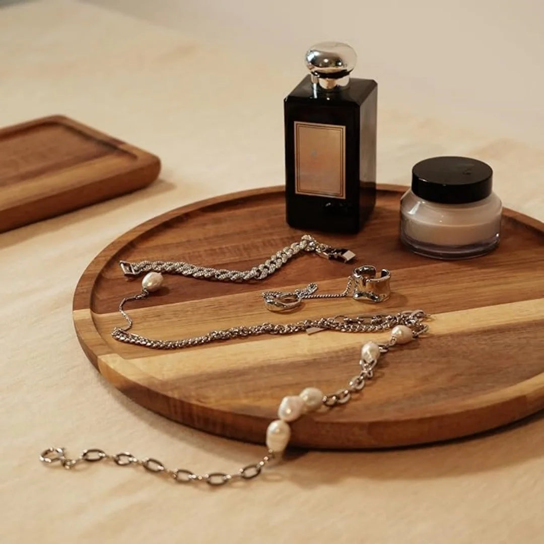 Round wooden decorative serving tray for coffee table and home decor wood centerpiece small candle