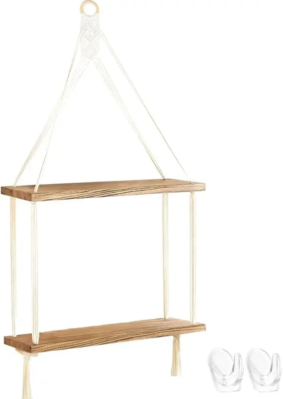 Macrame wall hanging shelves boho room decor 2 tier handmade cotton rope rustic wood corner floating with hooks deco