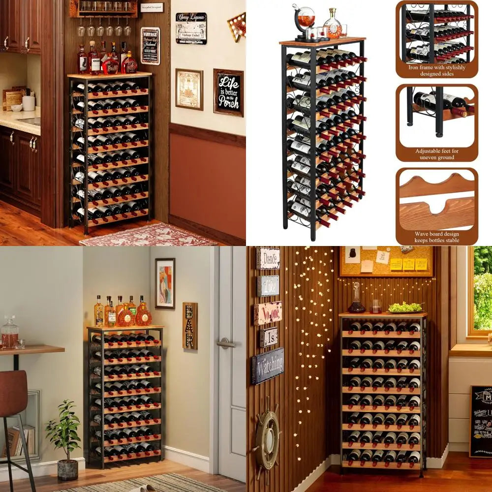 Freestanding 8-tier wooden top wine rack for floor storage in kitchen and pantry - united states / black brown