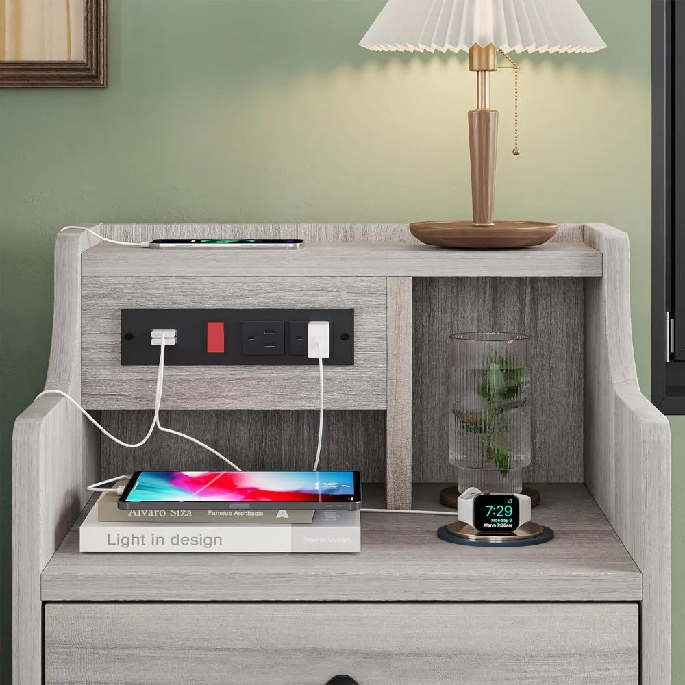 Nightstand with charging station night stand hutch & storage drawers end table side bedroom,
