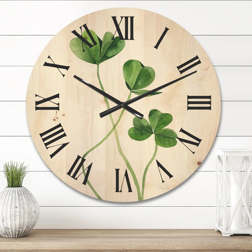 Farmhouse wood wall clock field green clover print natural pine art ready to hang unique design home office decor