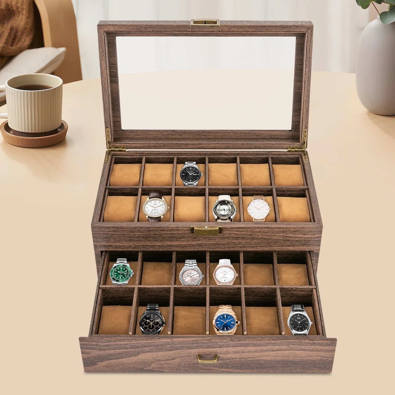 24 slots 2 layers pu watch box case storage rustic men women jewelry holder display w/ drawer anti-corrosion space