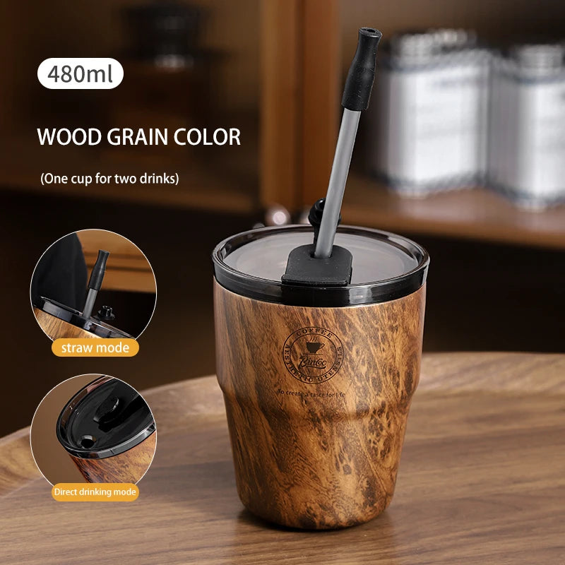 Bincoo wood grain coffee mug american style portable thermal cup retro stainless steel water for home and office
