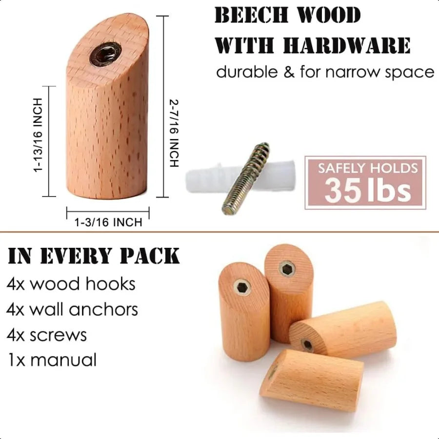 Wood wall hooks 4 pack coat mounted rustic wooden heavy duty robe hook hat rack for hanging bathroom towels clothes