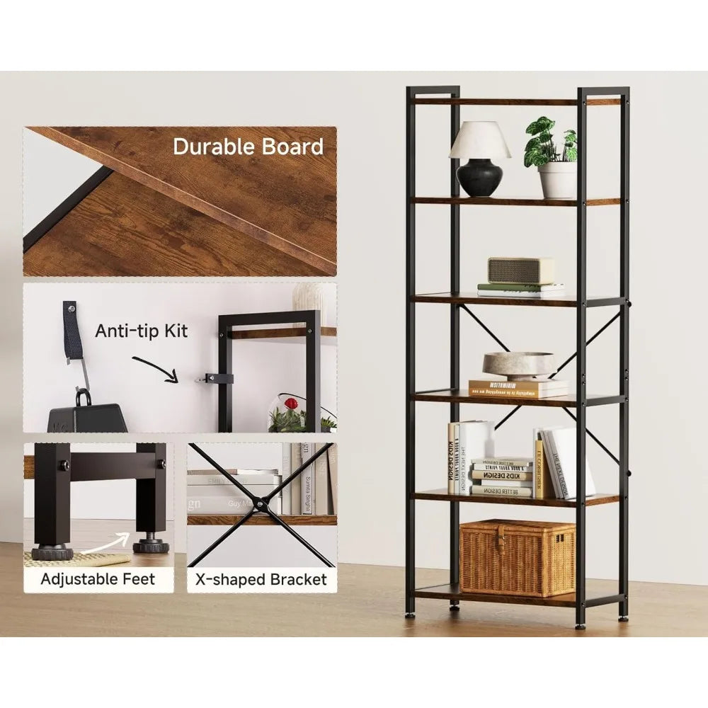 Book shelf 6 tier tall bookshelf modern wood bookcase shelves for bedroom industrial display living room home offi