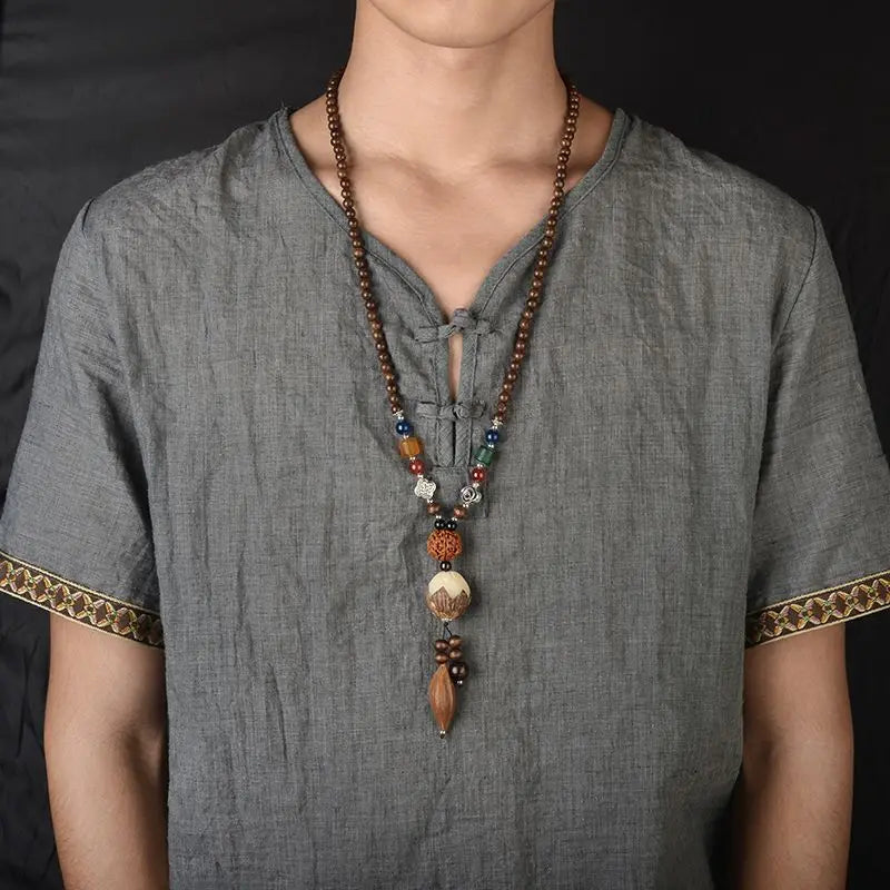 Chinese style minimalist wooden necklace long buddha bead sweater chain versatile personalized pendant men’s