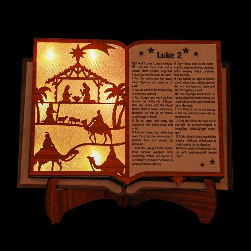 Christmas nativity scene figurine wood stand book bible with led light wooden home creative art craft festive