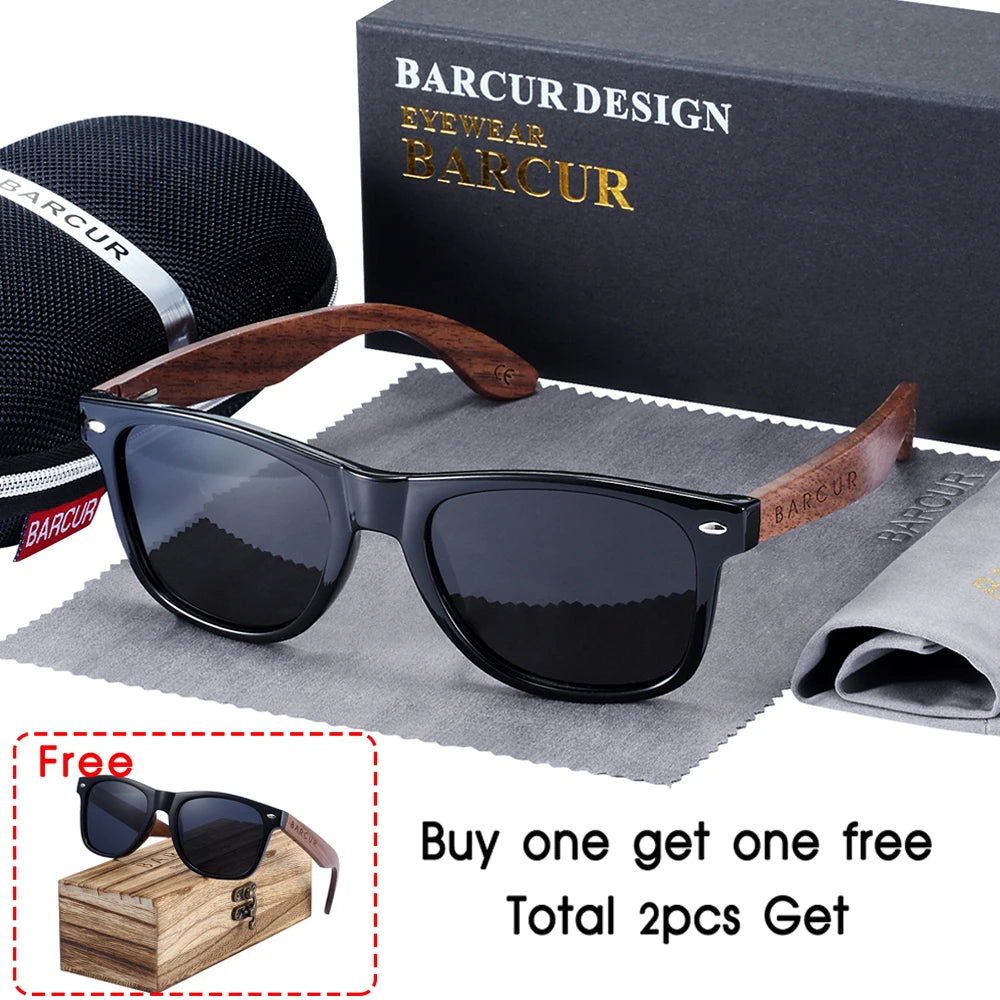 Barcur black walnut wood sunglasses for man polarized high quality sqare sun glasses men uv400 eyewear accessory