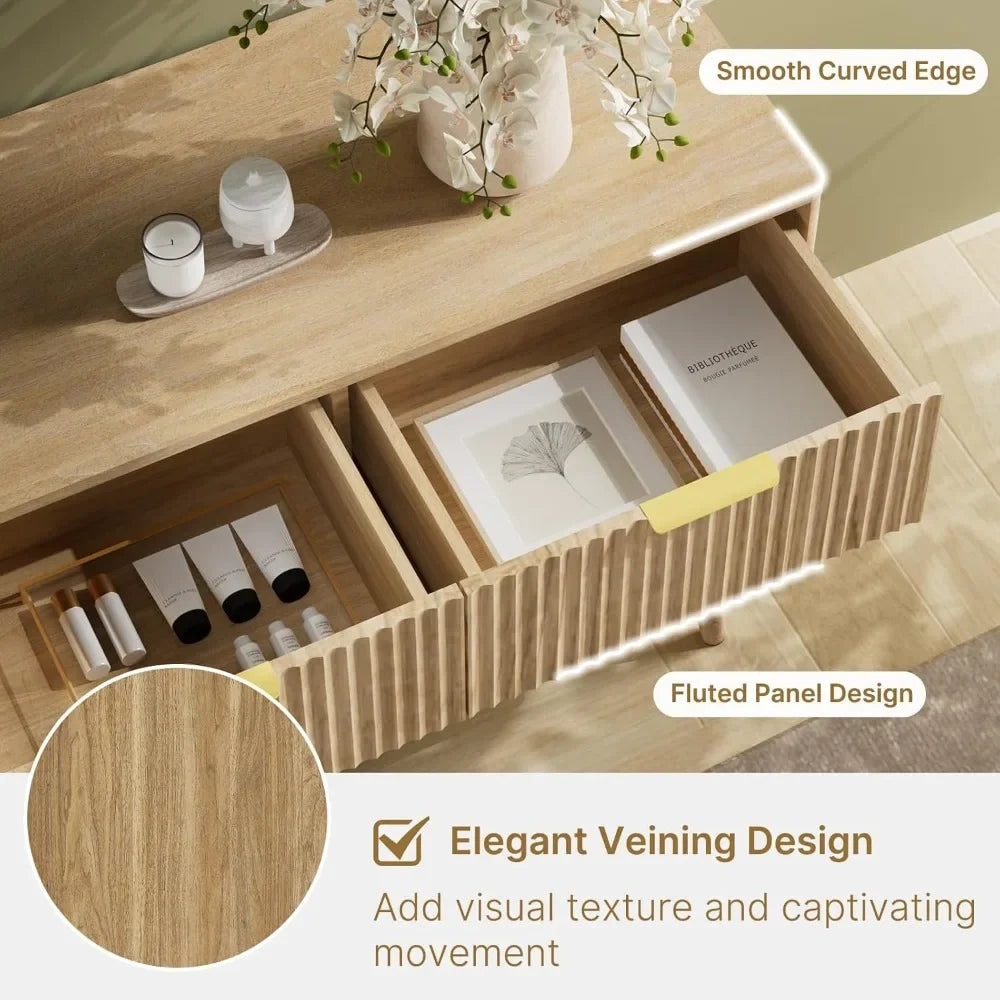 55’’ w fluted dresser for bedroom with 7 drawer modern chest of drawers metal handle & curved design wood tv stand