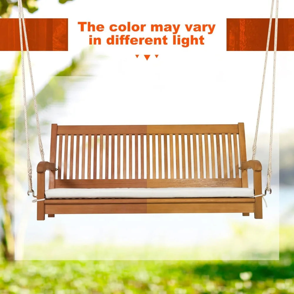 Happygrill hanging porch swing 2-seat wooden bench with cushion and ropes outdoor patio for garden back - united states