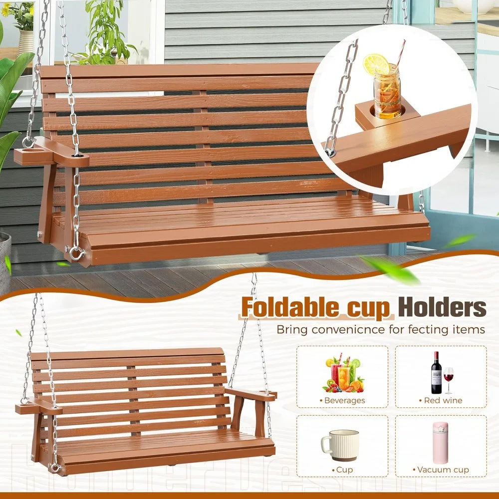 Outdoor porch swing bench with cup holders - 2-seater wooden for patio garden backyard comfort - united states / brown