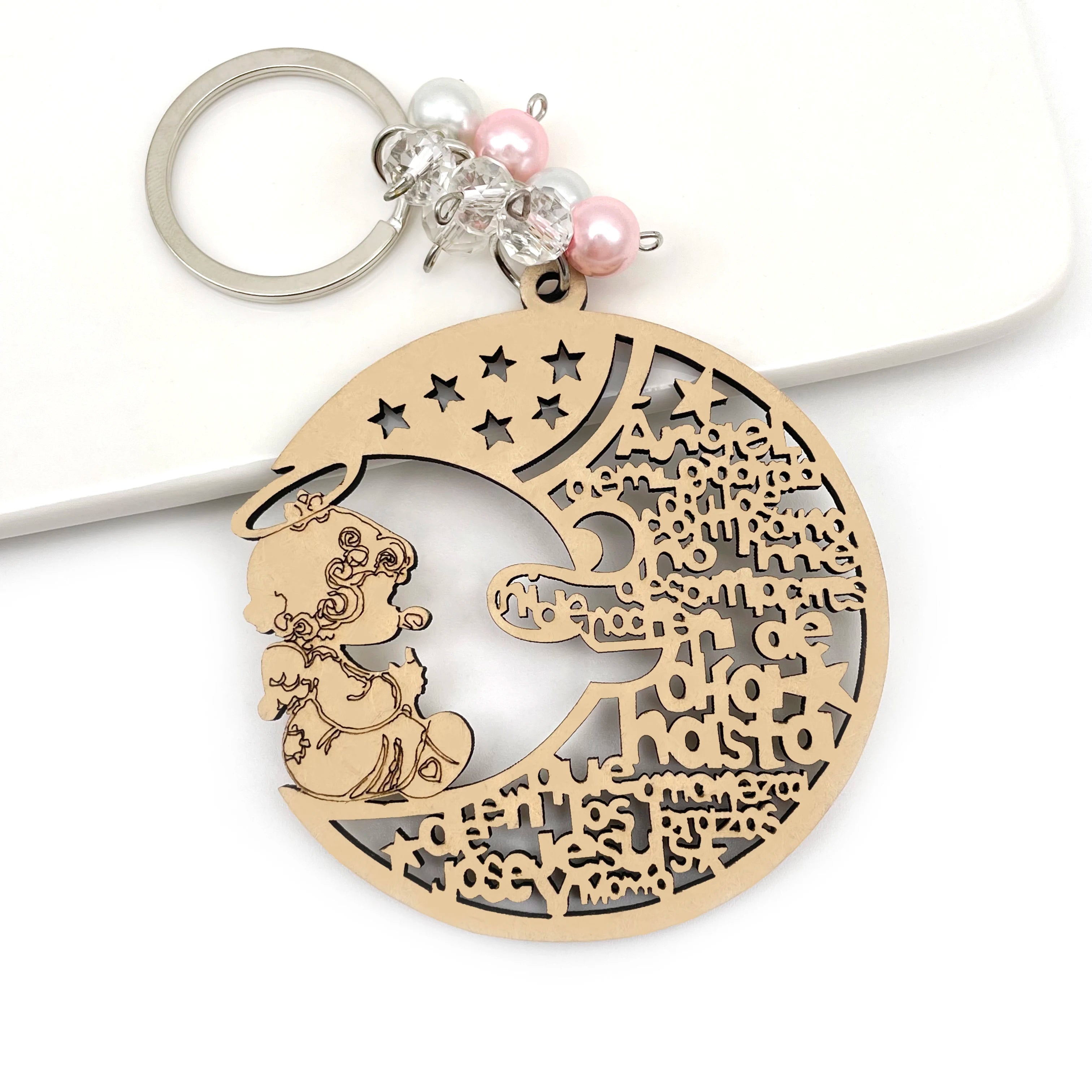 12pcs baptism angel moon girl wood keychain recuerdos de bautizo first communion christening quinceanera sweet 15 favor