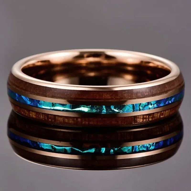 Fashion 8mm men rose gold color stainless steel rings inlay hawaiian koa wood and abalone shell for wedding jewelry