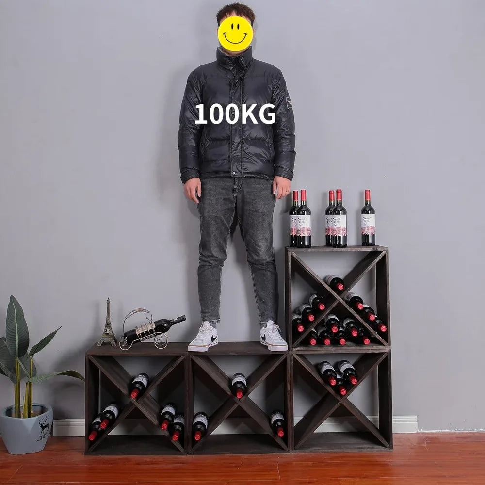 Racks countertop solid wood stackable storage rustic retro cube 48-bottle wooden wine rack cabinet(48bottleblack)
