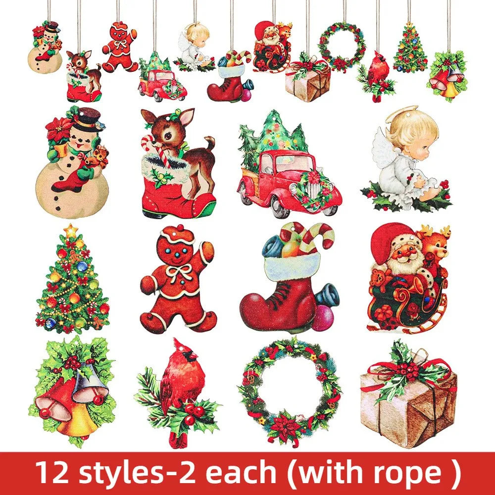 24pcs christmas wooden ornaments wood decor farmhouse style hanging tree vintage santa - 12 styles b / united states